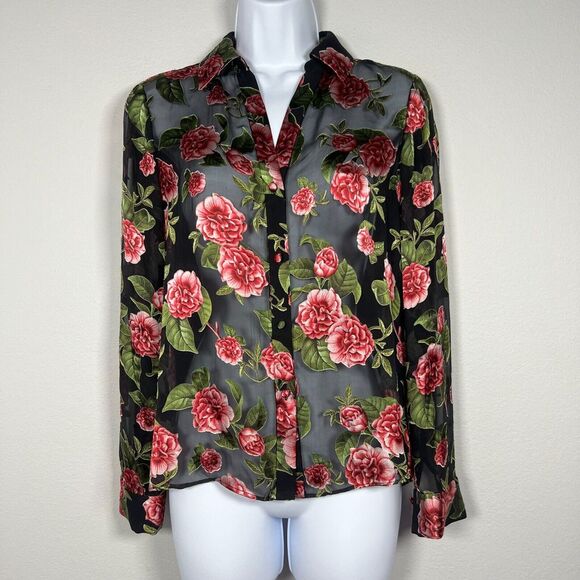 Alice Olivia Womens Floral Blouse Sz XS Silk Blend Button Down Sheer Romantic - Picture 12 of 12